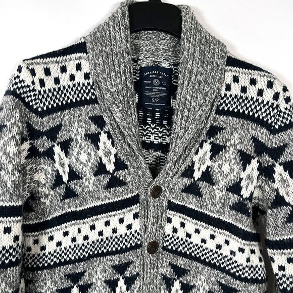 American Eagle Fair Isle Cardigan Sweater Small Shawl Collar Fisherman Wool Mix - Picture 1 of 9